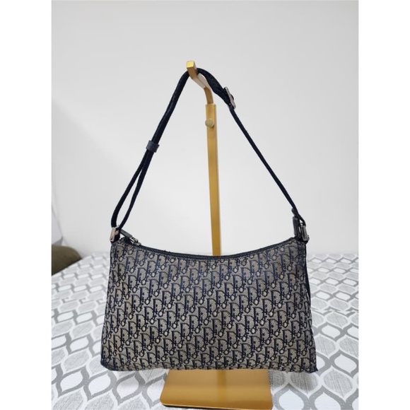 Authentic Christian Dior Vintage Oblique Canvas Baguette/Shoulder Bag Black/Grey - Picture 14 of 15